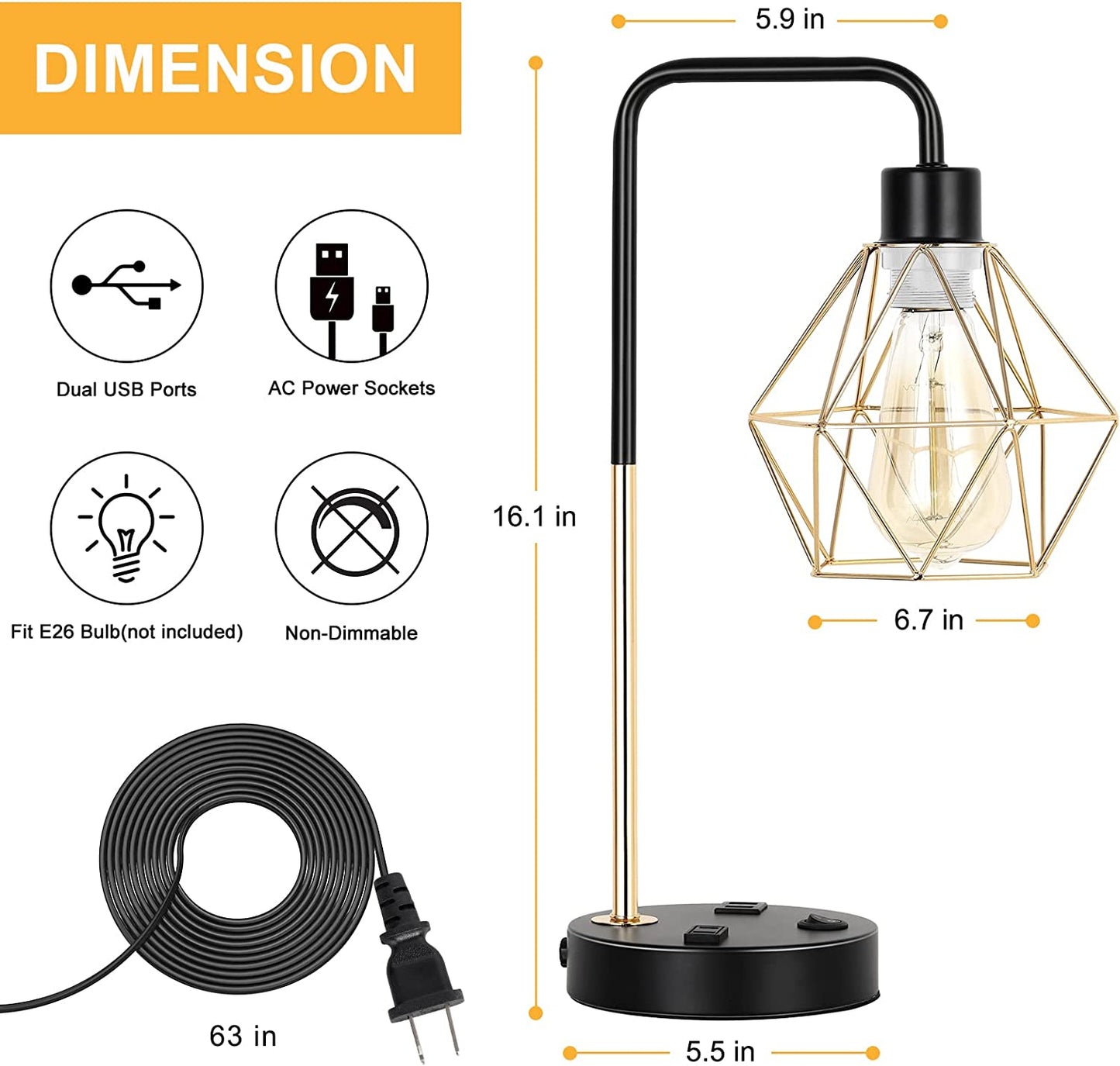 "Stylish Industrial USB Desk Lamp with Vintage Gold Metal Cage - 2 USB Ports & 1 AC Outlet for Bedroom, Living Room, and Office"