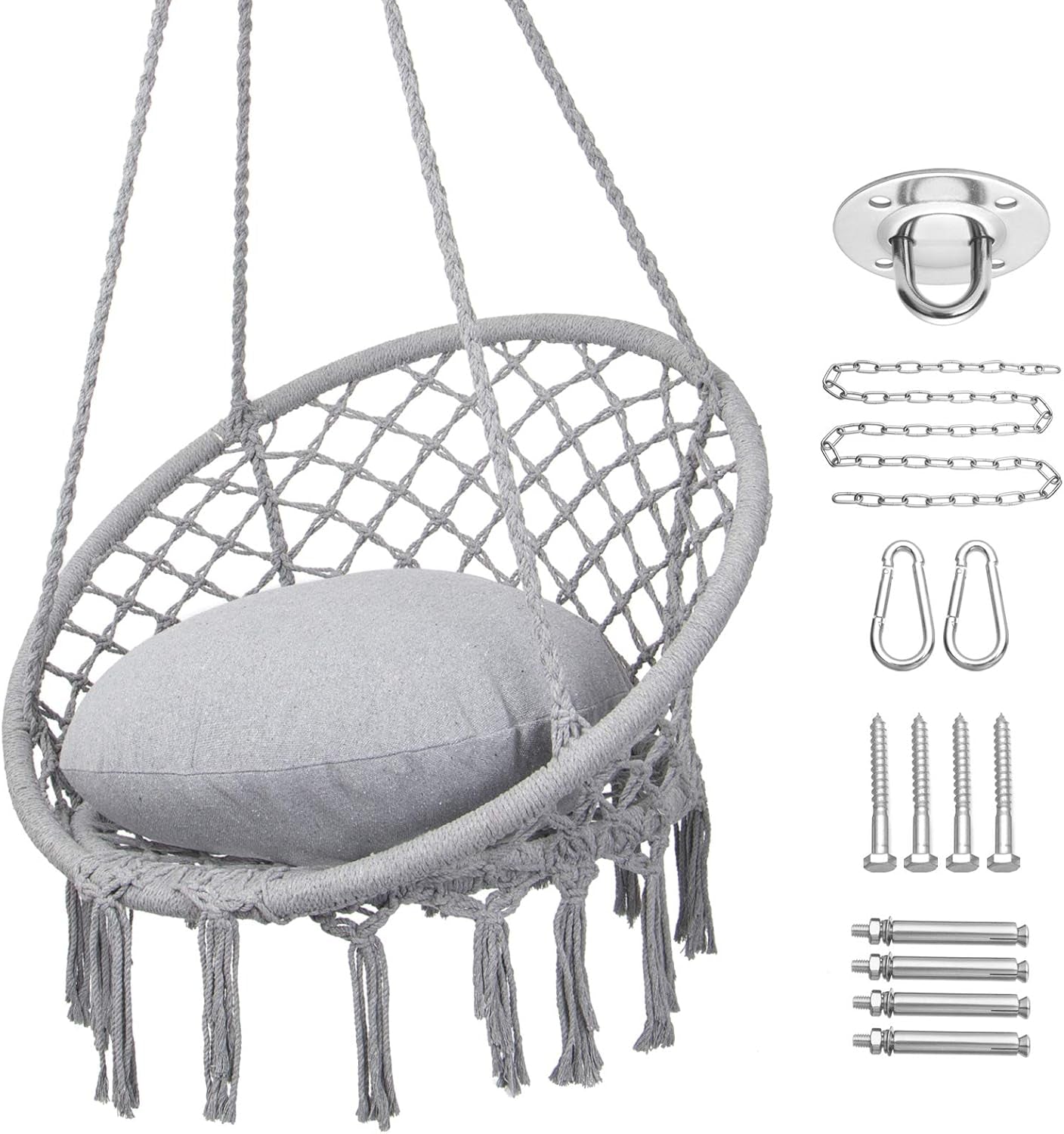 "Cozy Macrame Hammock Chair - Max 330 Lbs Capacity, Stylish Light Grey Swing for Indoor & Outdoor Relaxation"