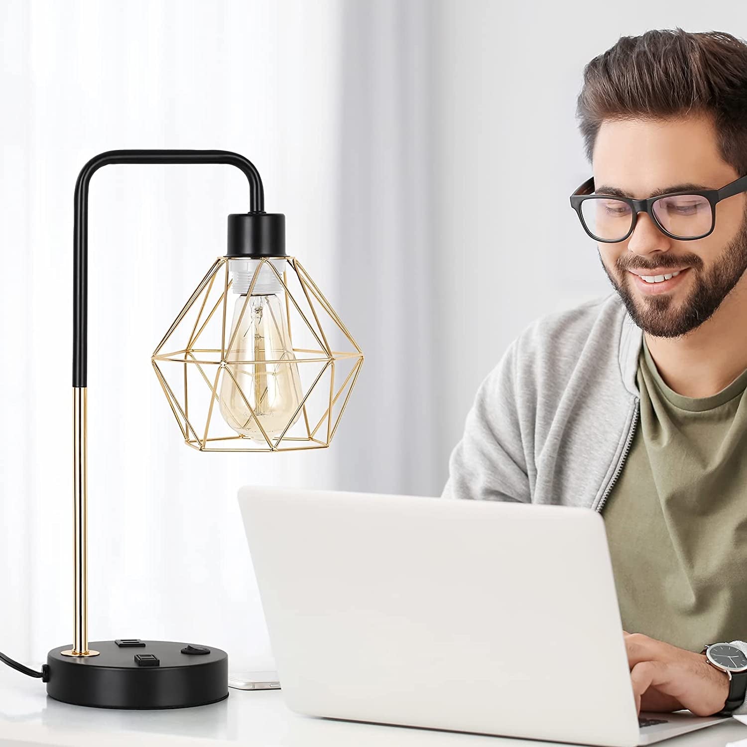 "Stylish Industrial USB Desk Lamp with Vintage Gold Metal Cage - 2 USB Ports & 1 AC Outlet for Bedroom, Living Room, and Office"