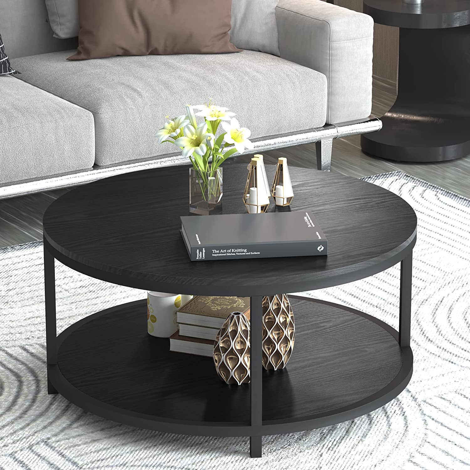 "Stylish 36" Round Rustic Coffee Table with Open Shelf - Sturdy Metal Legs & Modern Design for Your Living Room"