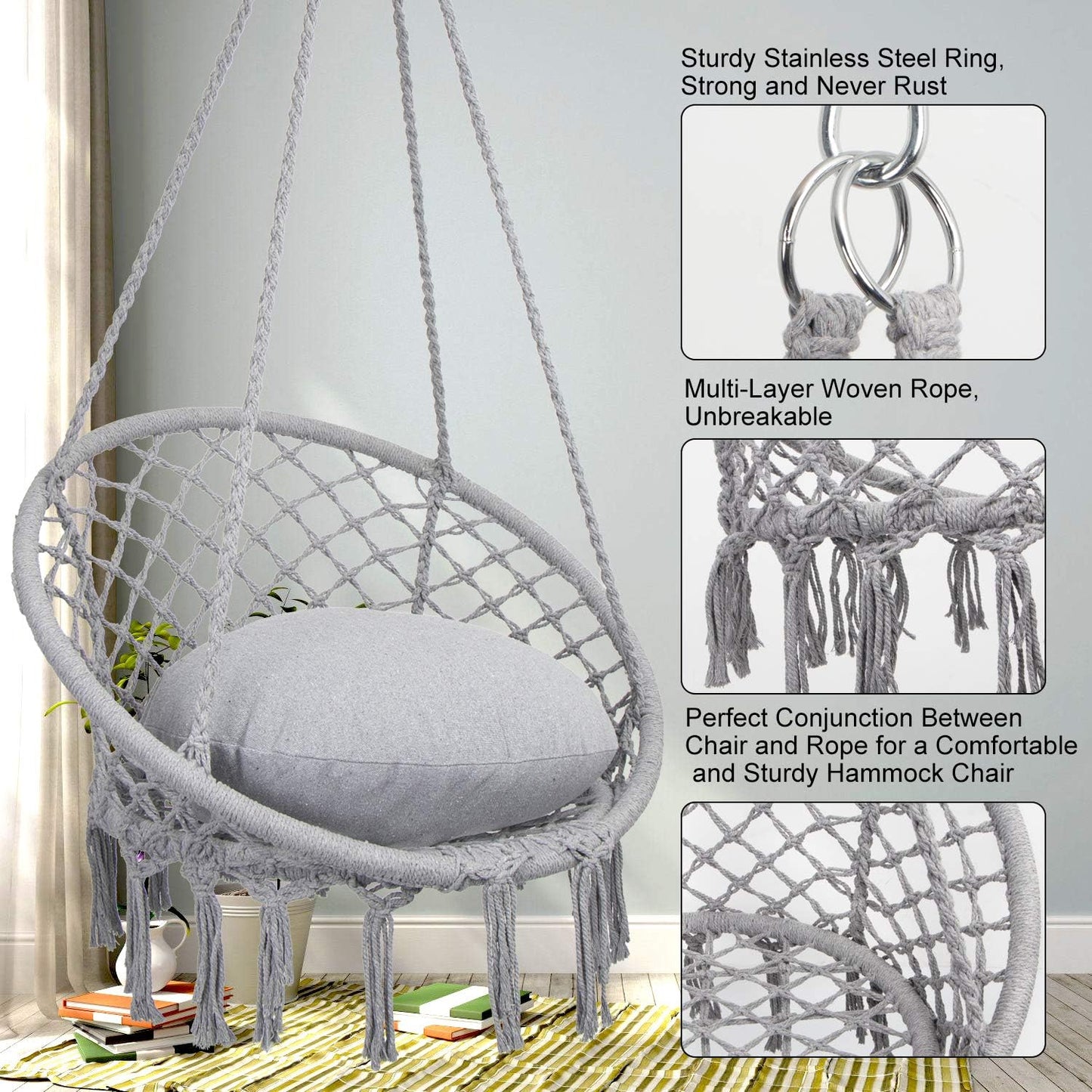 "Cozy Macrame Hammock Chair - Max 330 Lbs Capacity, Stylish Light Grey Swing for Indoor & Outdoor Relaxation"