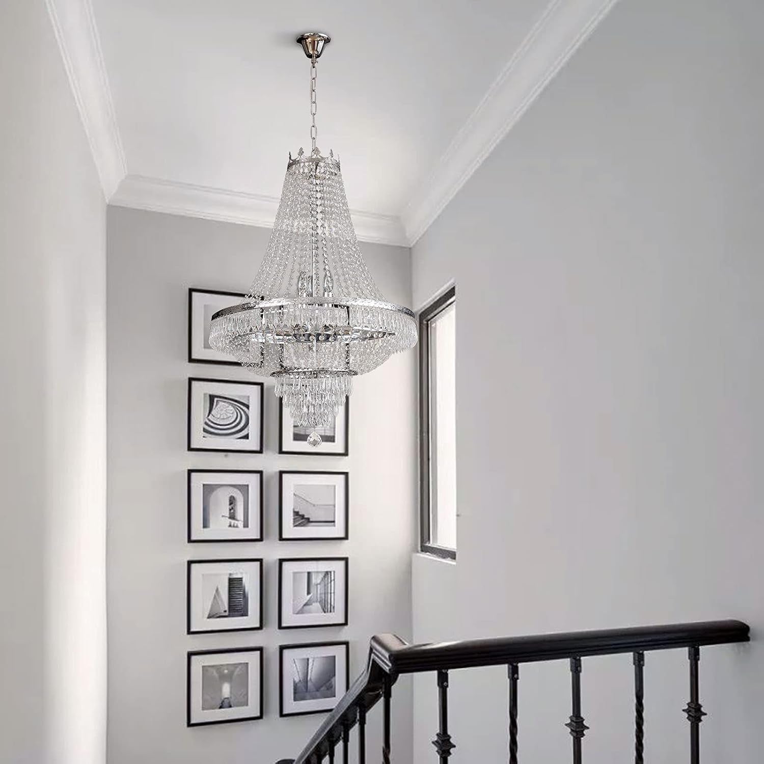 "Stunning Modern French Empire Crystal Pendant Chandelier - Elegant Raindrop Design, LED Ceiling Light Fixture, Perfect for Home Decor (H30 x W24 Inch, 9x E12 Bulbs Not Included)"