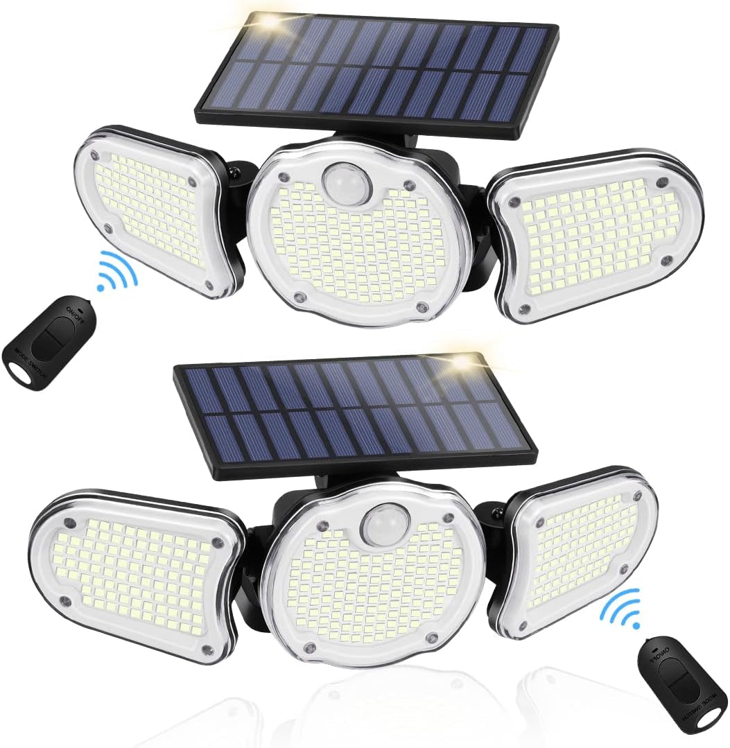 "Illuminate Your Outdoors: 305 LED Solar Motion Sensor Flood Lights with Remote Control - Waterproof 3-Head Security Spot Lights (2 Pack)"