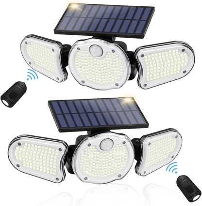 "Illuminate Your Outdoors: 305 LED Solar Motion Sensor Flood Lights with Remote Control - Waterproof 3-Head Security Spot Lights (2 Pack)"