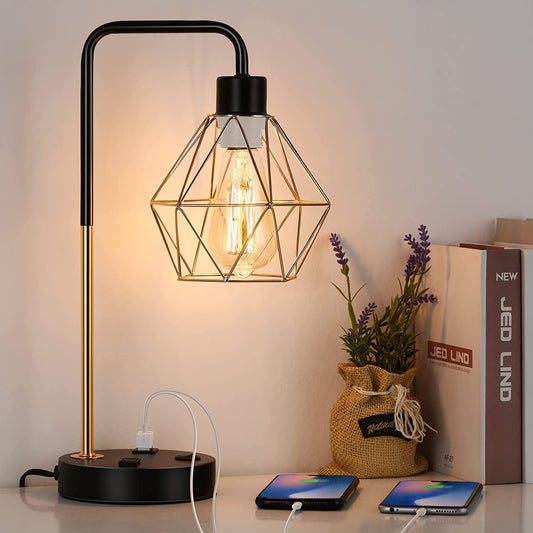 "Stylish Industrial USB Desk Lamp with Vintage Gold Metal Cage - 2 USB Ports & 1 AC Outlet for Bedroom, Living Room, and Office"