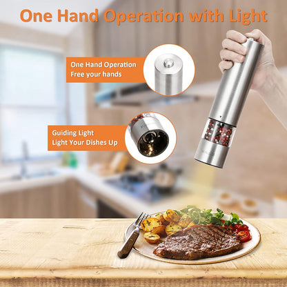 "Premium Electric Salt and Pepper Grinder Set - One-Handed, Adjustable Coarseness, Ergonomic Design with LED Light - Refillable & Long-Lasting Battery (2 Pack)"