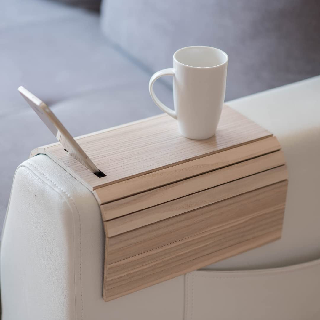 "Versatile Foldable Sofa Arm Tray Table with Phone Holder - Perfect for Coffee, Snacks, and More!"