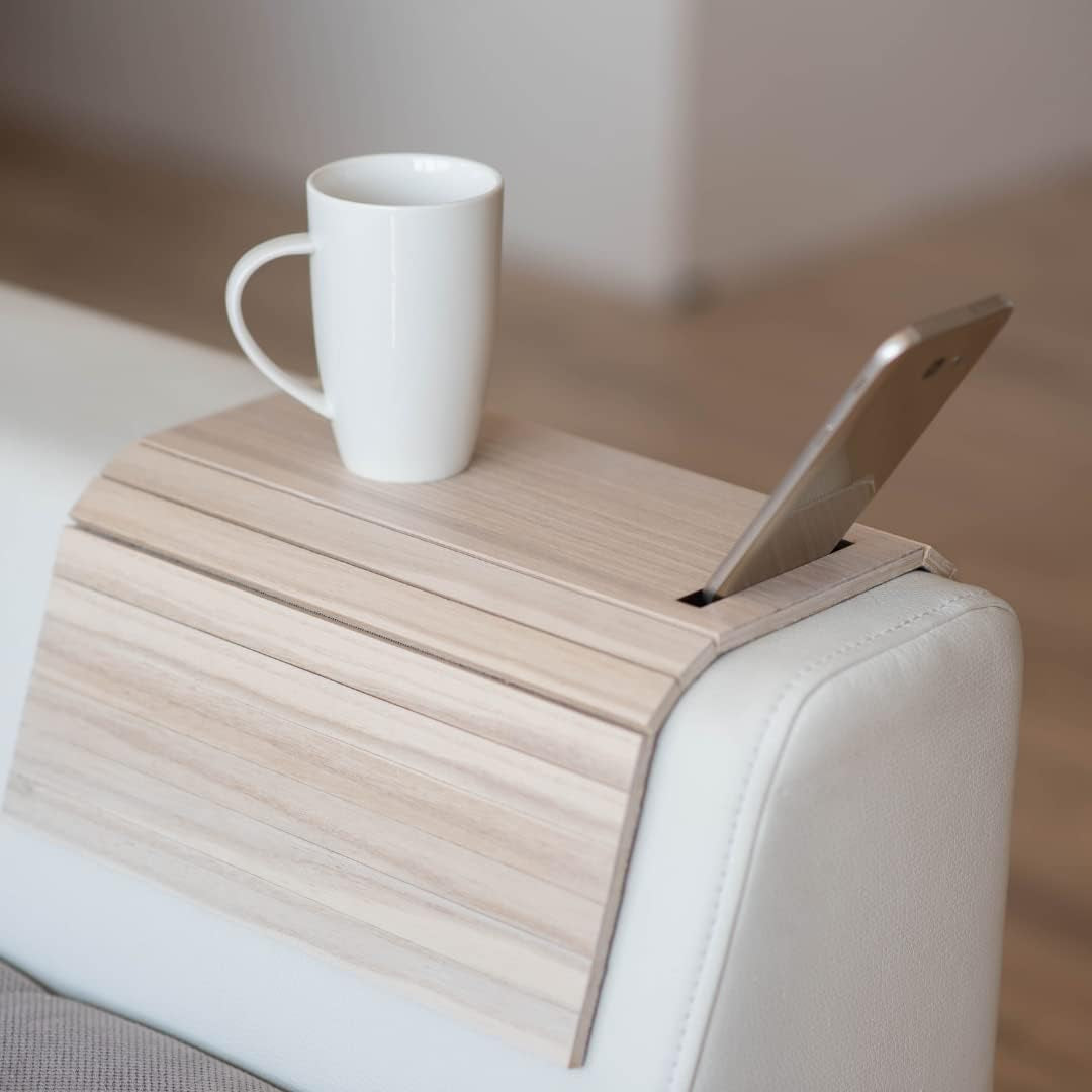 "Versatile Foldable Sofa Arm Tray Table with Phone Holder - Perfect for Coffee, Snacks, and More!"