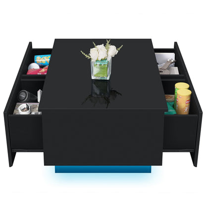 Sleek Black High Gloss LED Coffee Table with 4 Drawers - Modern Centerpiece for Your Living Room!