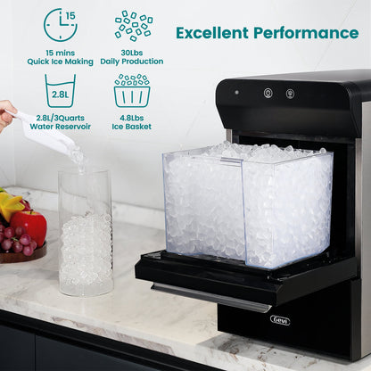 "Premium Countertop Nugget Ice Maker - 30Lbs/Day, Self-Cleaning, Sleek Stainless Steel & Black Design!"