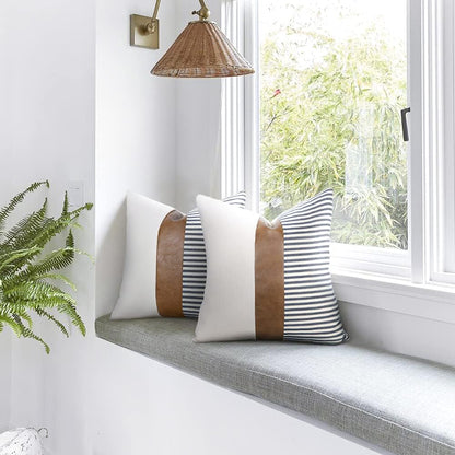 "Transform Your Space with Our Stylish 20x20 Farmhouse Pillow Covers! 🛋️✨ Set of 2 in Chic Stripe Patchwork & Modern Faux Leather - Perfect for Your Couch or Sofa! 🖤 #HomeDecor #PillowTalk"