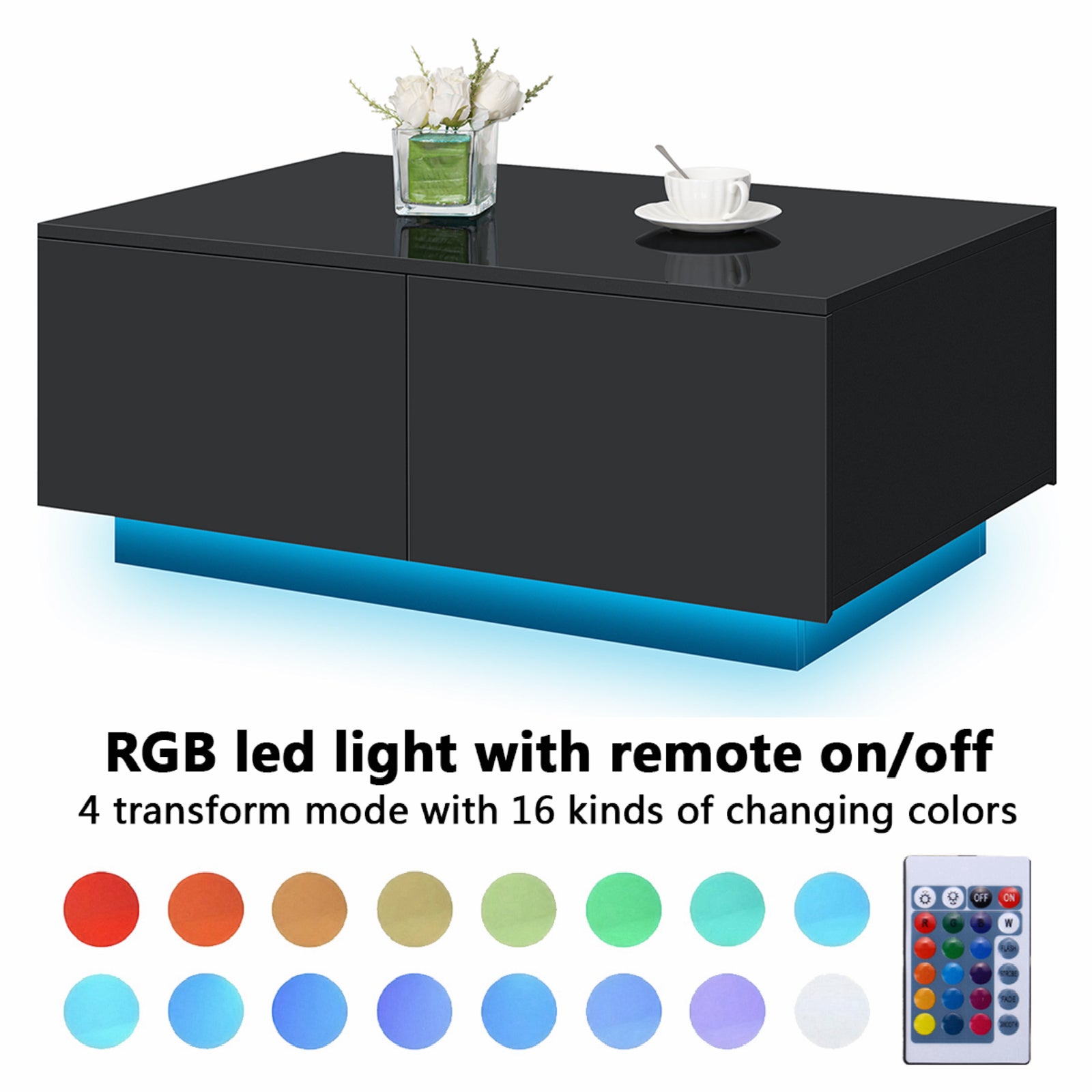 Sleek Black High Gloss LED Coffee Table with 4 Drawers - Modern Centerpiece for Your Living Room!