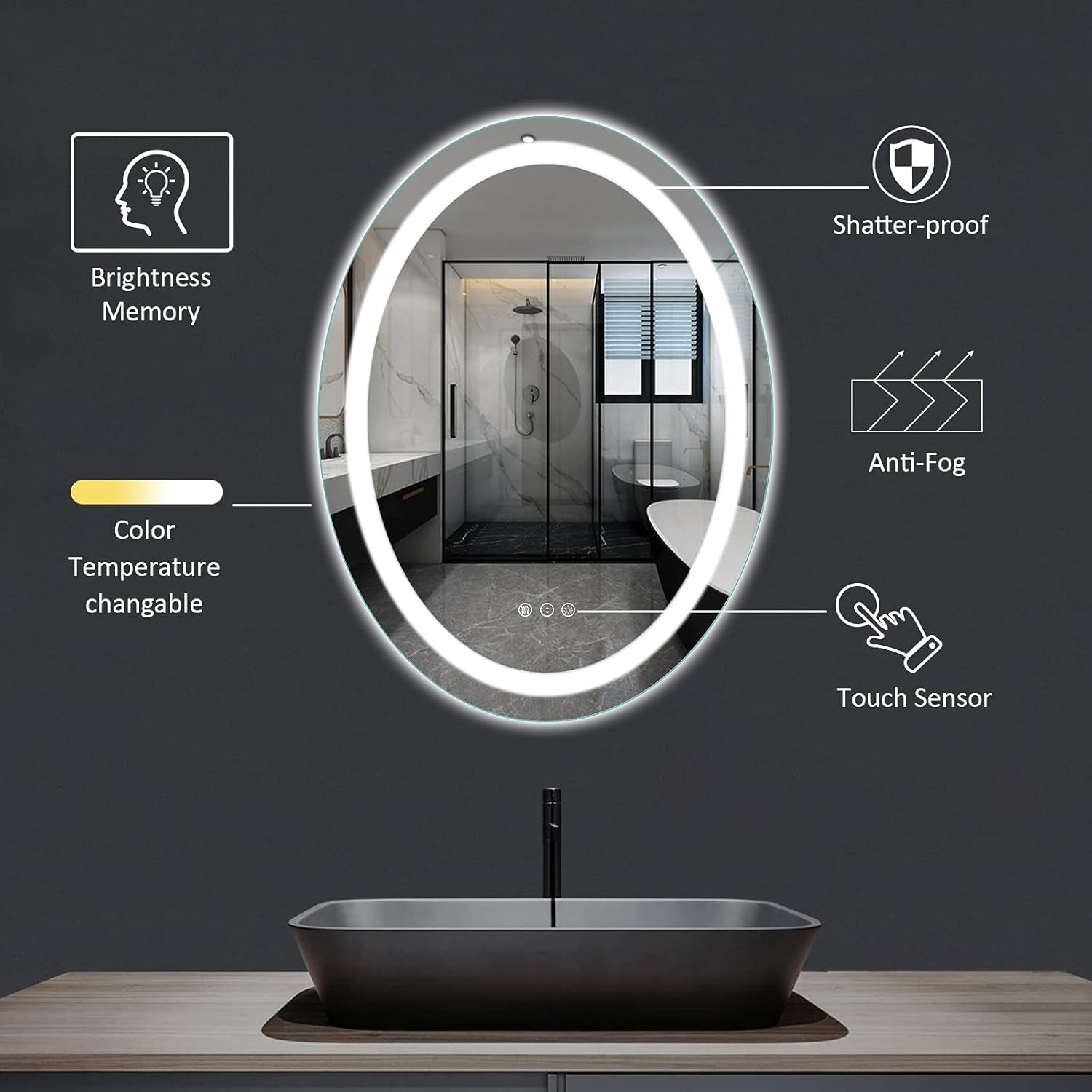 "Elegant 24x32 Oval LED Vanity Mirror - Dimmable, Anti-Fog, Shatter-Proof with Front & Back Lighting - Perfect for Your Bathroom!"