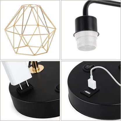 "Stylish Industrial USB Desk Lamp with Vintage Gold Metal Cage - 2 USB Ports & 1 AC Outlet for Bedroom, Living Room, and Office"