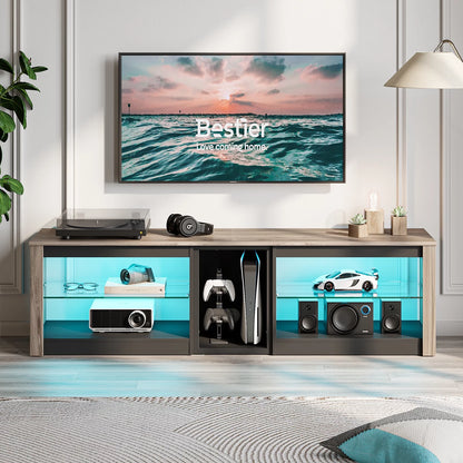 "Stylish TV Stand for Up to 70" TVs - Pinewood Console Table with RGB LED Lights & Ample Storage!"