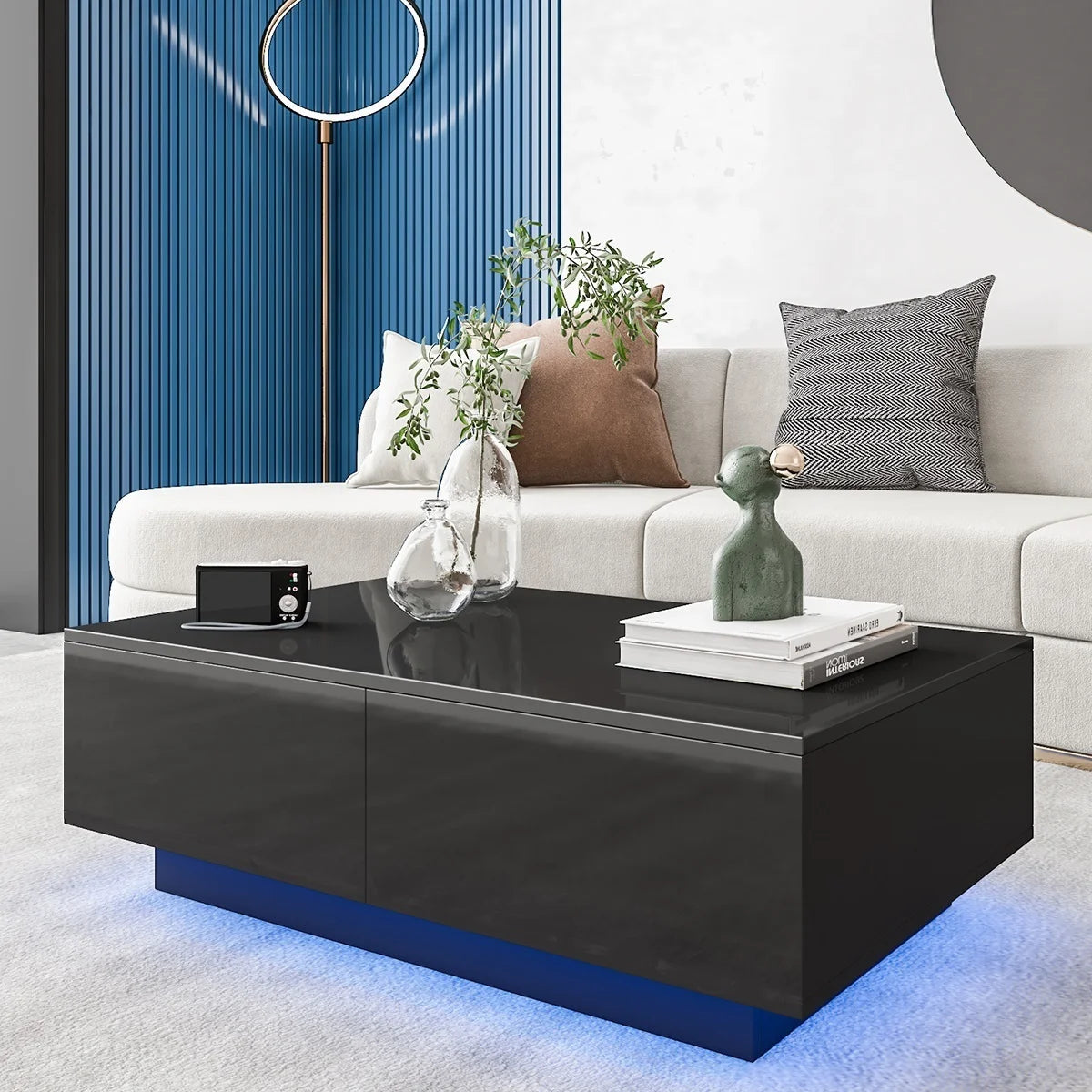 Sleek Black High Gloss LED Coffee Table with 4 Drawers - Modern Centerpiece for Your Living Room!