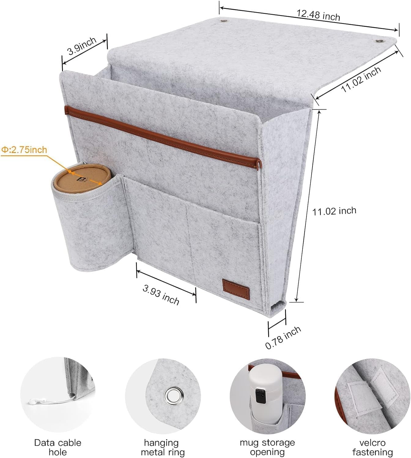 "Stylish Bedside Caddy & Sofa Organizer - 5 Pocket Storage for Phones, Tablets, Remotes & Magazines - Light Grey"