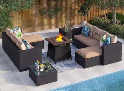 "Luxurious 7-Piece Outdoor Wicker Sectional Sofa Set with 28" Gas Propane Fire Pit Table & Cushions - Perfect for Stylish Patio Gatherings!"