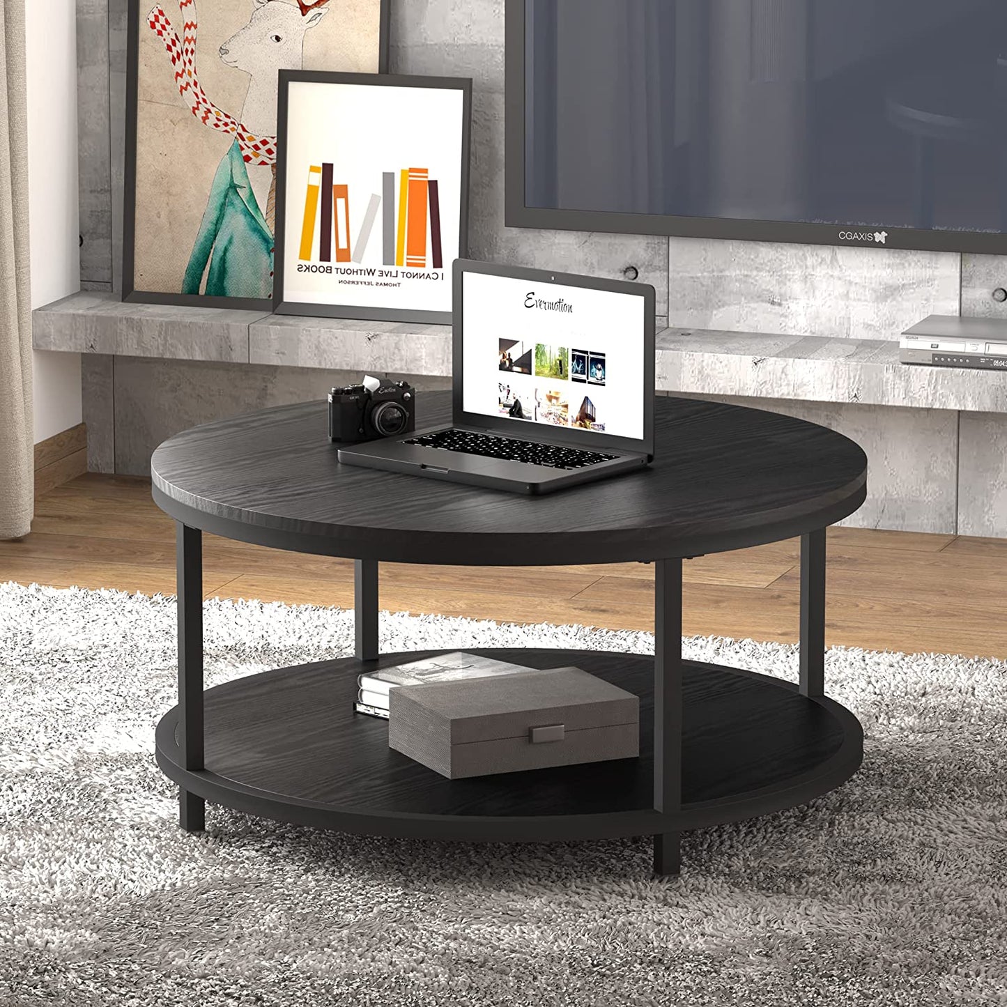 "Stylish 36" Round Rustic Coffee Table with Open Shelf - Sturdy Metal Legs & Modern Design for Your Living Room"