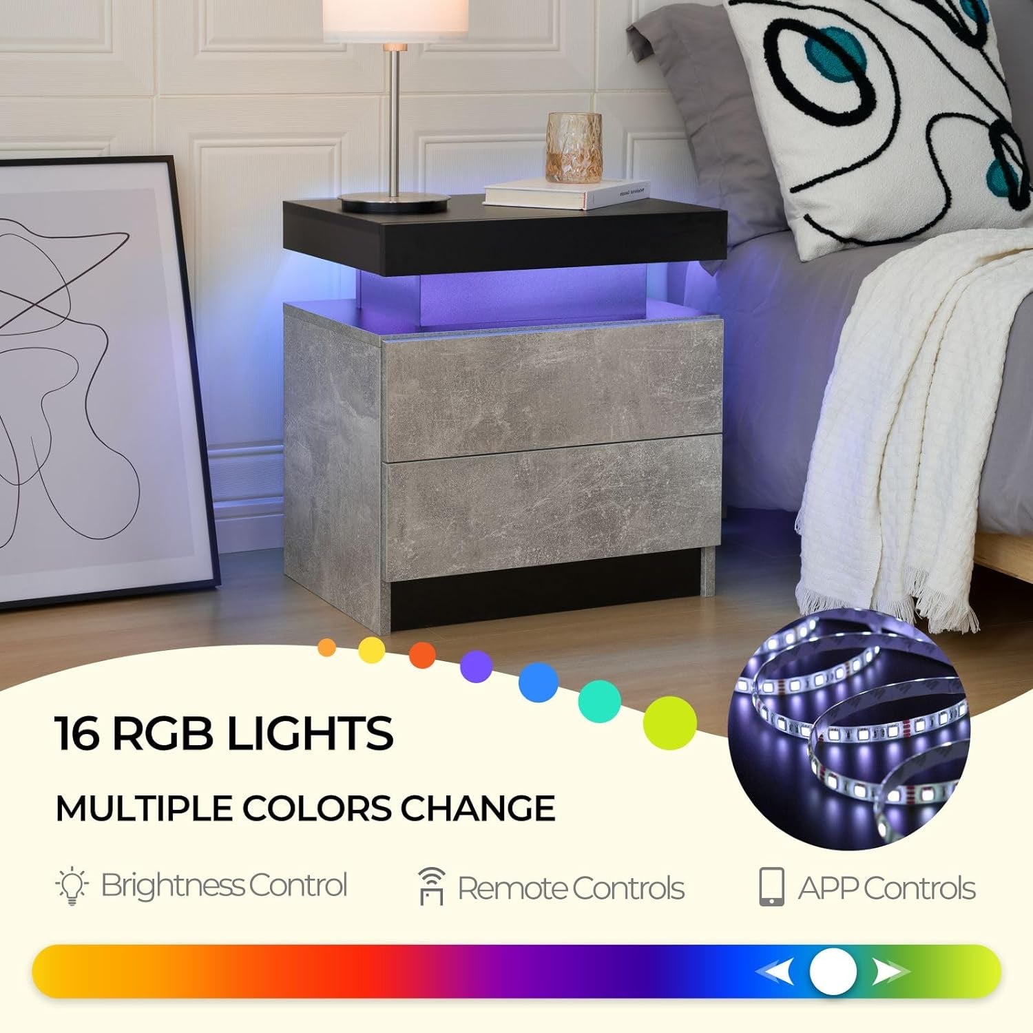 "Stylish Grey Bedside Table with 2 Drawers & LED Lights - Perfect Nightstand for Bedroom & Living Room"