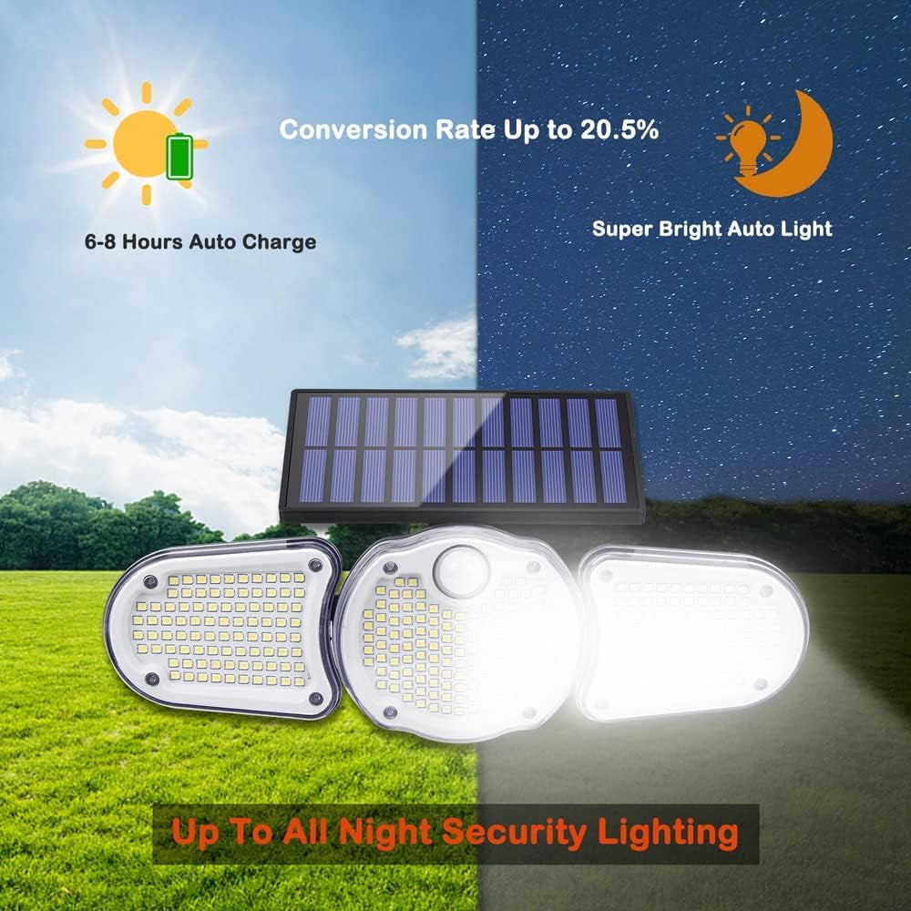 "Illuminate Your Outdoors: 305 LED Solar Motion Sensor Flood Lights with Remote Control - Waterproof 3-Head Security Spot Lights (2 Pack)"