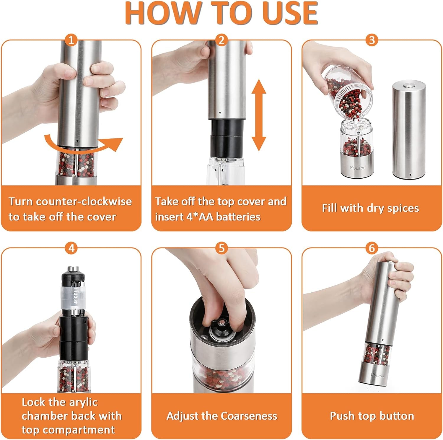 "Premium Electric Salt and Pepper Grinder Set - One-Handed, Adjustable Coarseness, Ergonomic Design with LED Light - Refillable & Long-Lasting Battery (2 Pack)"