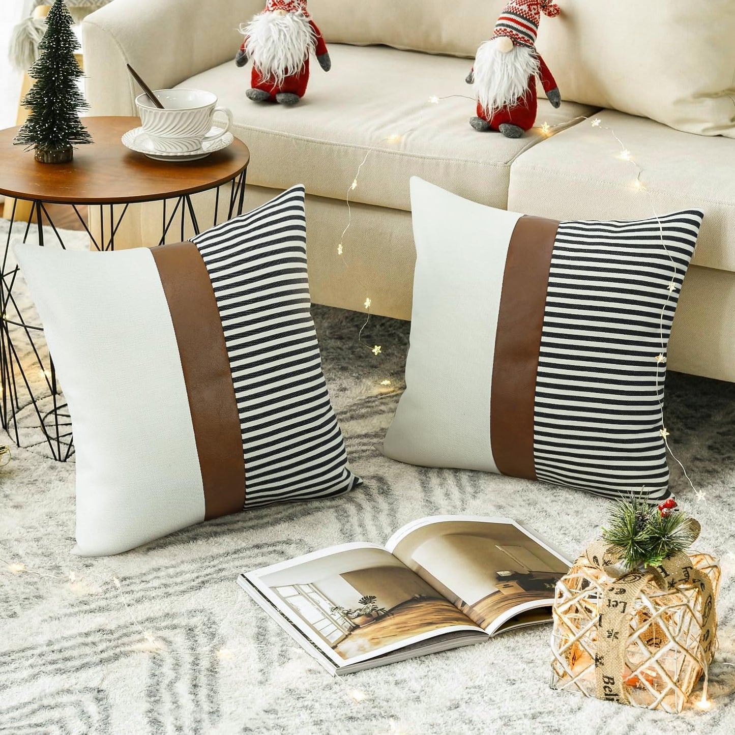 "Transform Your Space with Our Stylish 20x20 Farmhouse Pillow Covers! 🛋️✨ Set of 2 in Chic Stripe Patchwork & Modern Faux Leather - Perfect for Your Couch or Sofa! 🖤 #HomeDecor #PillowTalk"