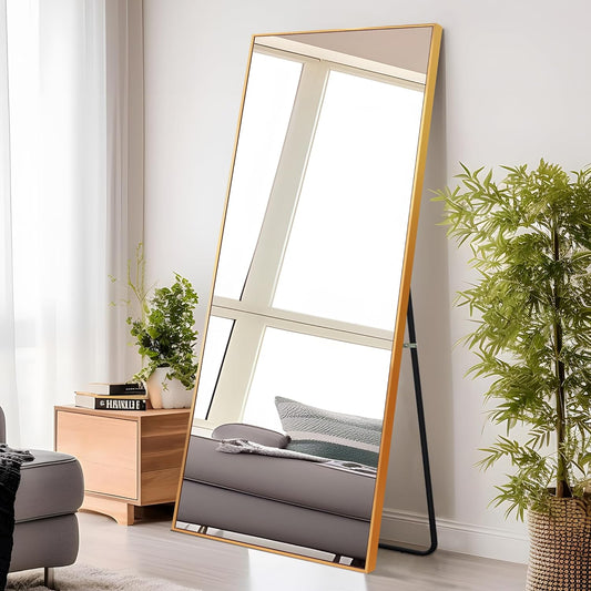 "Elegant 65"×22" Gold Metal Floor Mirror - Versatile Standing, Hanging, or Leaning Design"