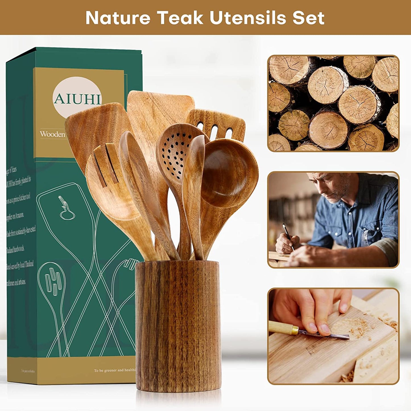 "Premium Teak Wood Cooking Utensil Set - 8 Nonstick, Non-Scratch Kitchen Spoons for Effortless Cooking!"