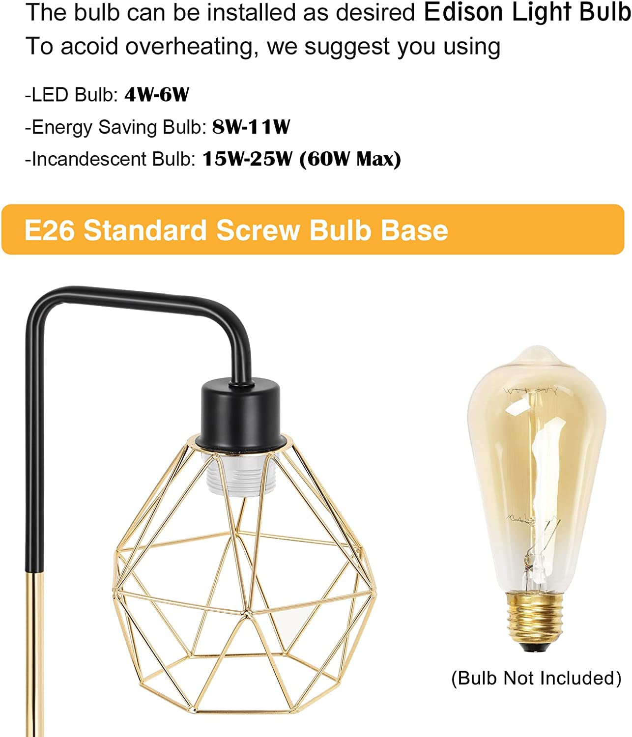 "Stylish Industrial USB Desk Lamp with Vintage Gold Metal Cage - 2 USB Ports & 1 AC Outlet for Bedroom, Living Room, and Office"