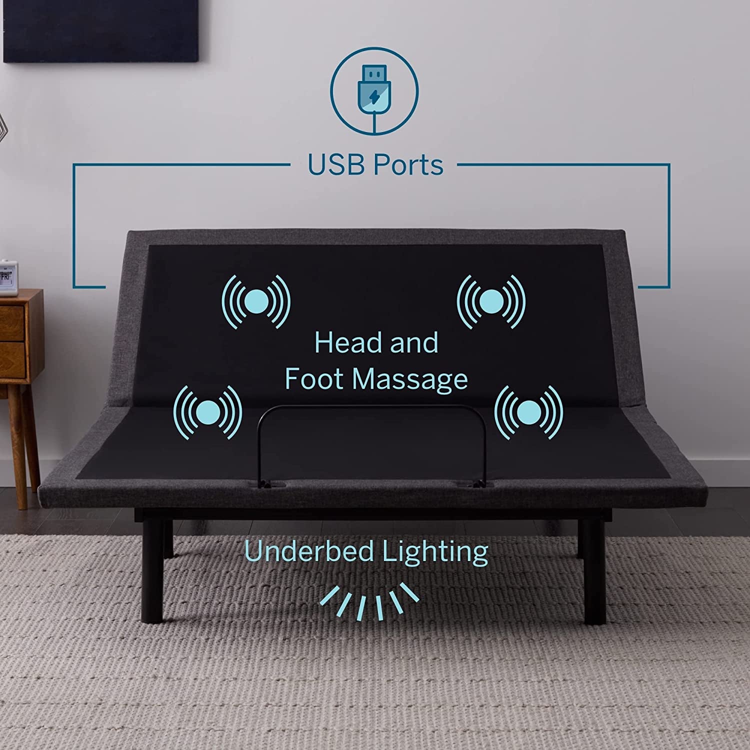 L600 Adjustable Bed Base Frame - Twin XL - Zero Gravity - Bluetooth - Companion App - Head and Foot Incline - Interactive Dual Massage - under Bed Lighting - Wireless Remote - Dual USB Ports