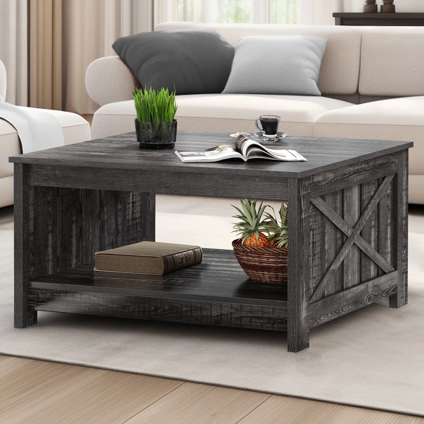 "Chic Rustic Gray Square Coffee Table with Half Open Storage - Perfect for Your Farmhouse Living Room!"