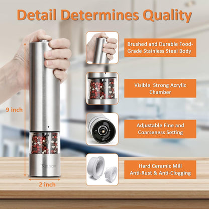 "Premium Electric Salt and Pepper Grinder Set - One-Handed, Adjustable Coarseness, Ergonomic Design with LED Light - Refillable & Long-Lasting Battery (2 Pack)"