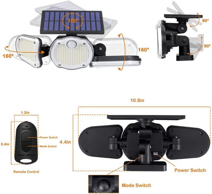 "Illuminate Your Outdoors: 305 LED Solar Motion Sensor Flood Lights with Remote Control - Waterproof 3-Head Security Spot Lights (2 Pack)"