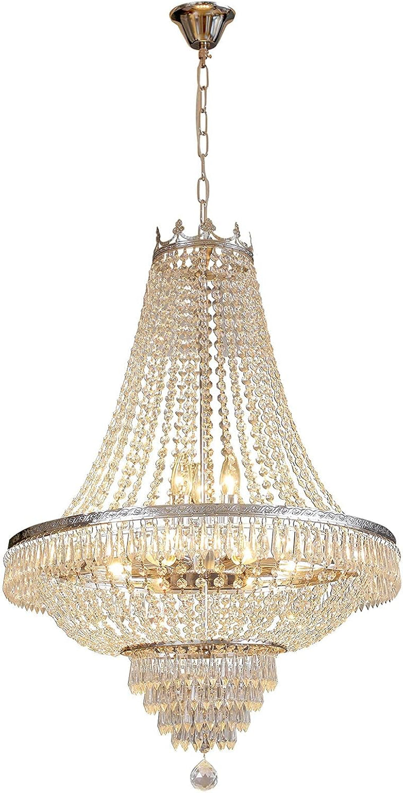 "Stunning Modern French Empire Crystal Pendant Chandelier - Elegant Raindrop Design, LED Ceiling Light Fixture, Perfect for Home Decor (H30 x W24 Inch, 9x E12 Bulbs Not Included)"