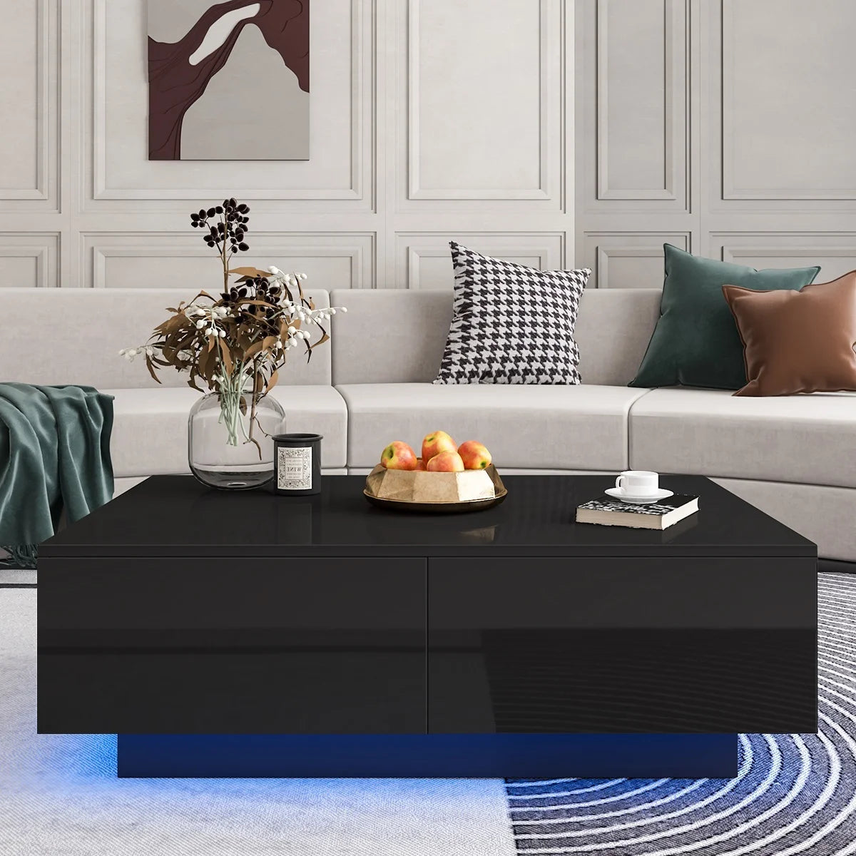 Sleek Black High Gloss LED Coffee Table with 4 Drawers - Modern Centerpiece for Your Living Room!