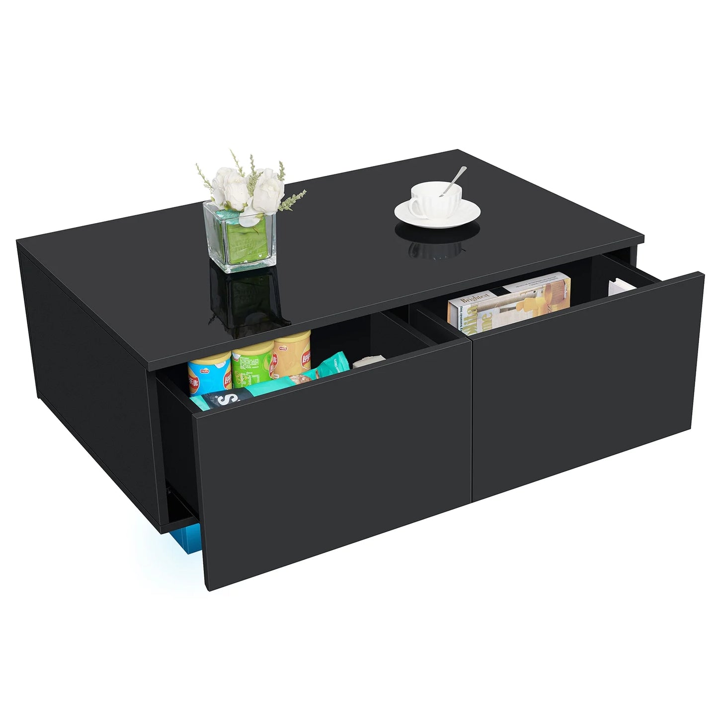 Sleek Black High Gloss LED Coffee Table with 4 Drawers - Modern Centerpiece for Your Living Room!