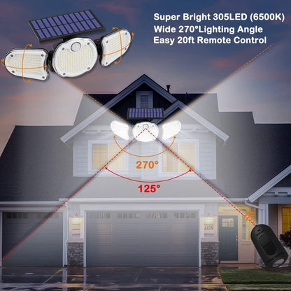 "Illuminate Your Outdoors: 305 LED Solar Motion Sensor Flood Lights with Remote Control - Waterproof 3-Head Security Spot Lights (2 Pack)"