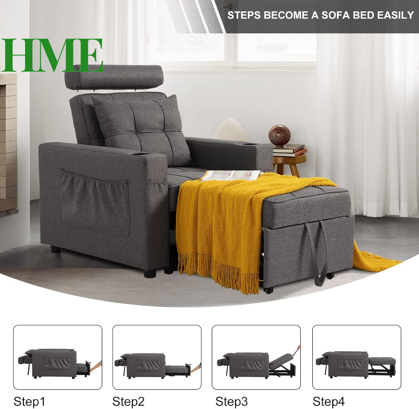 "Versatile 3-in-1 Sleeper Chair Bed - Stylish Convertible Design with Cup Holders, Pockets & Pillow for Small Spaces (Gray - Upgrade A)"